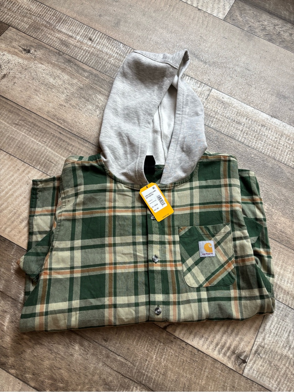 Carhartt Green and Tan Plaid Flannel with Gray Hood